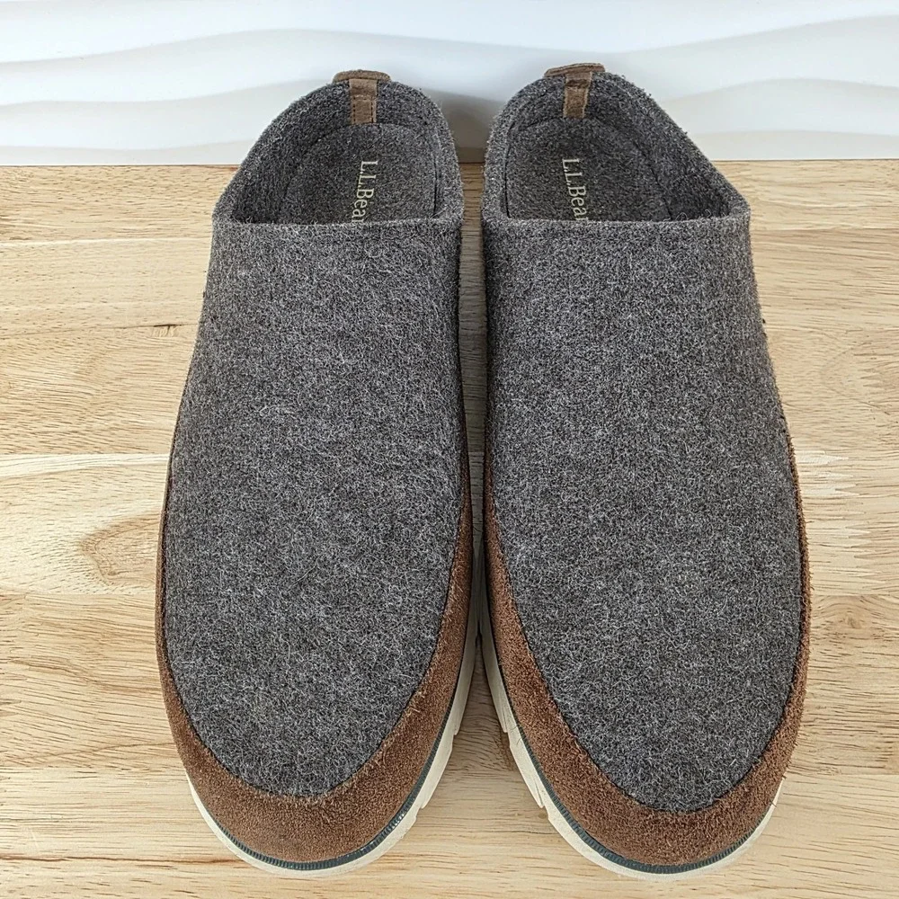 LL Bean Downeast Slip On Clogs Gray Wool Brown Suede Shoes Mens Size 11